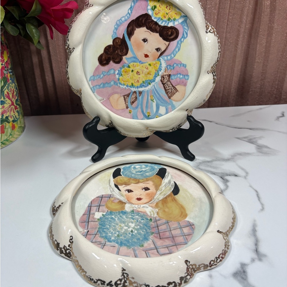 Vintage Hand-painted  Decorative Plates in Frames with Doll Illustrations